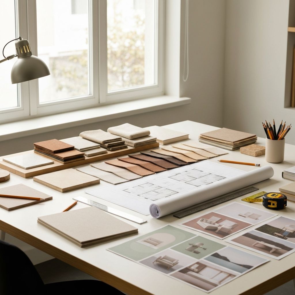 Stanowisko projektanta wnętrz Casa Chic z próbkami materiałów